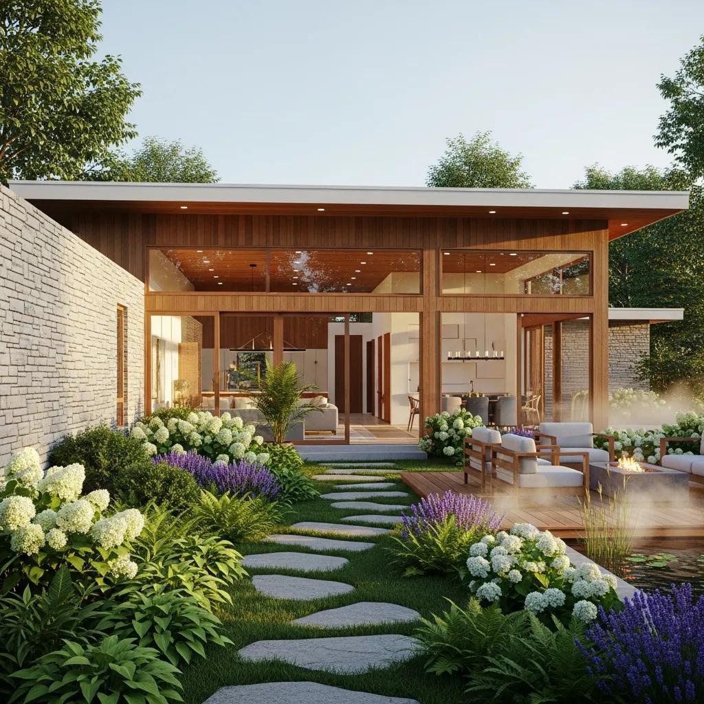 Modern home design with clean lines and large windows in a tranquil garden setting