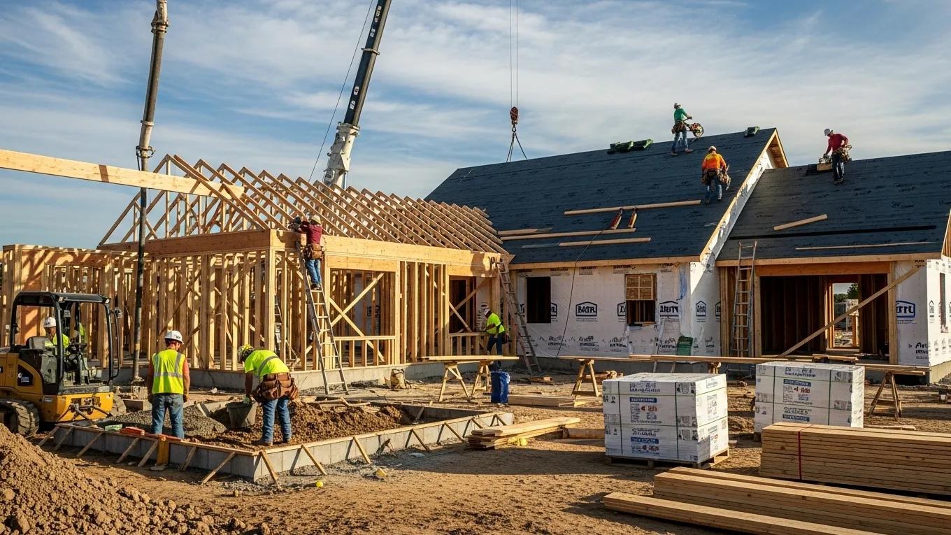 Construction site showcasing different phases of home building, highlighting the construction process