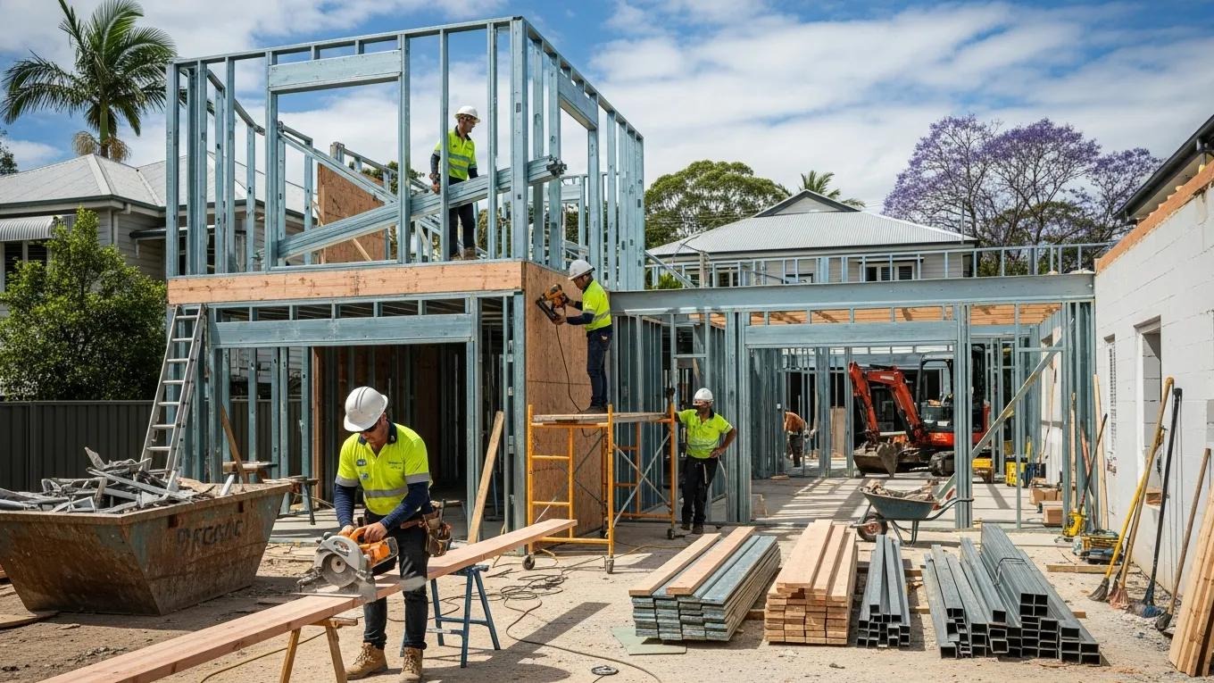 Modern home construction scene representing the knockdown rebuild process in Brisbane
