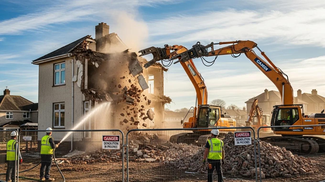 Demolition crew actively dismantling a house, illustrating the demolition phase of a rebuild