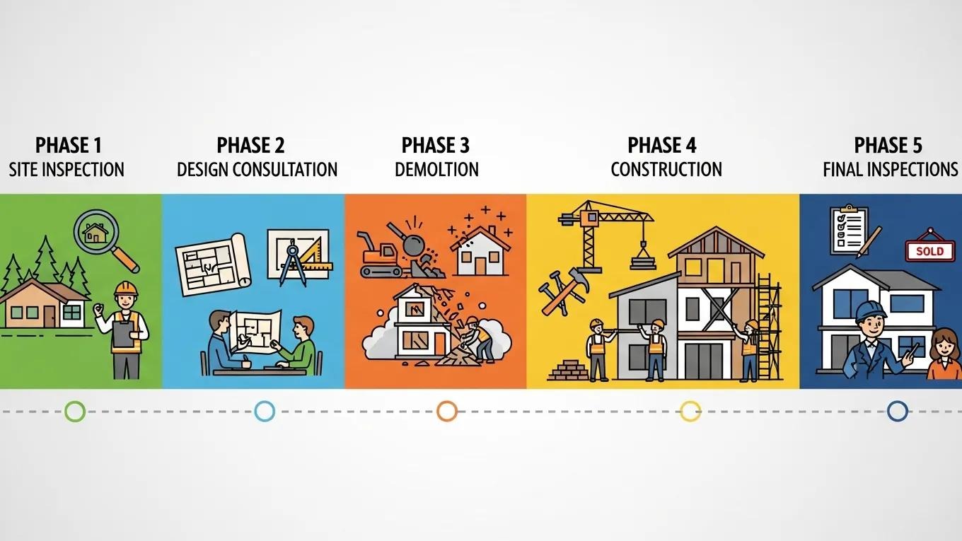 Visual representation of the step-by-step process from demolition to new home construction