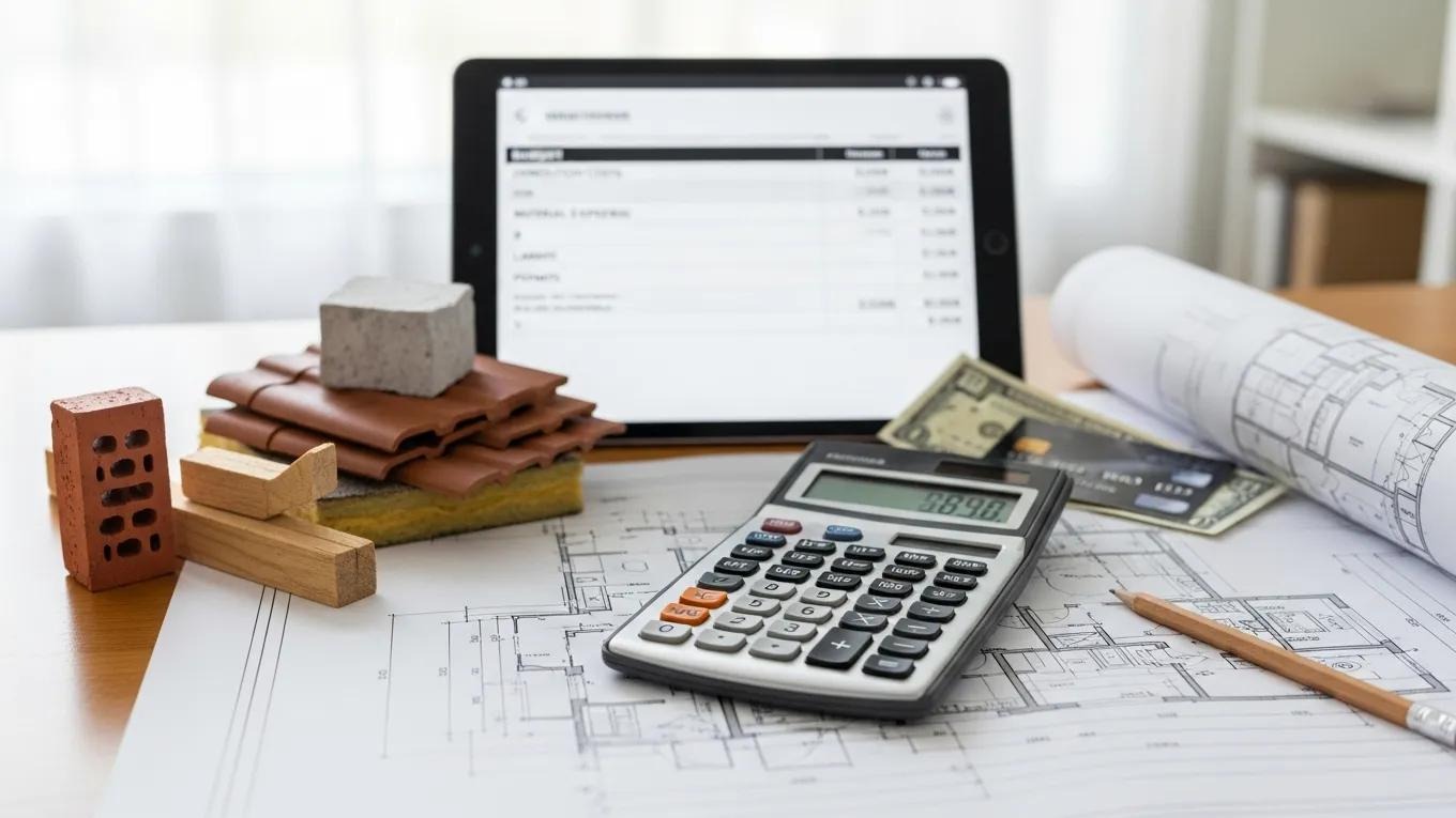 Close-up of construction cost elements including blueprints and materials