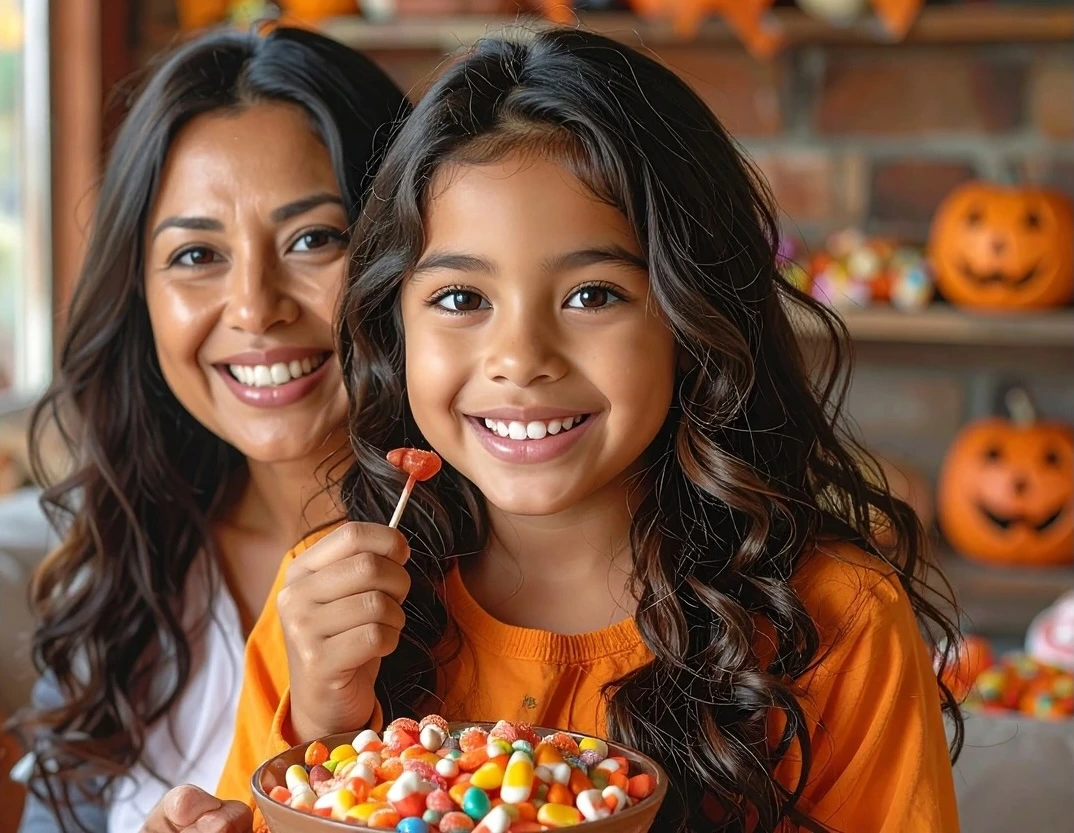 Child enjoying Halloween candy with a dentist-approved smile care approach from Smiles By Design San Diego.