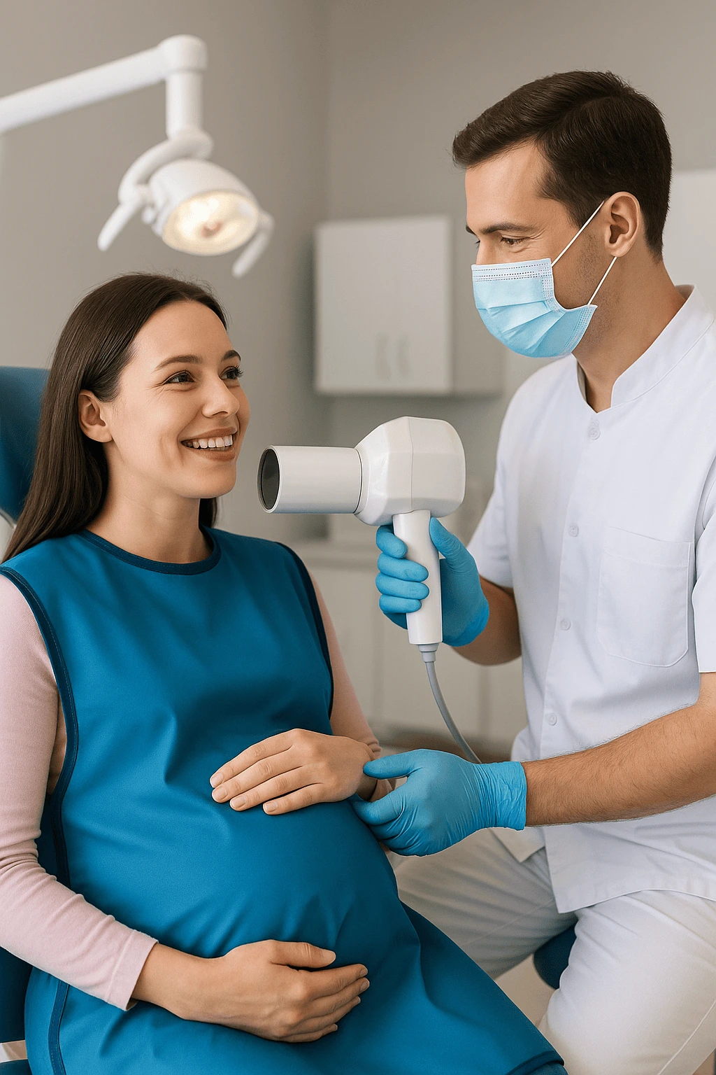 Dentist performing a safe dental X-ray on a pregnant woman with proper shielding to protect oral health and baby safety