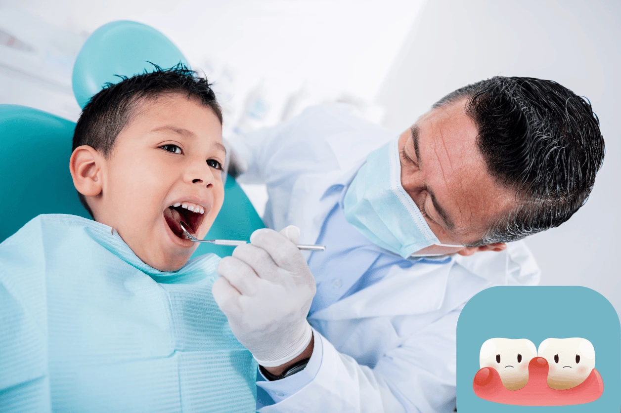 Pediatric dentist checking a child’s gums for early signs of gum disease.