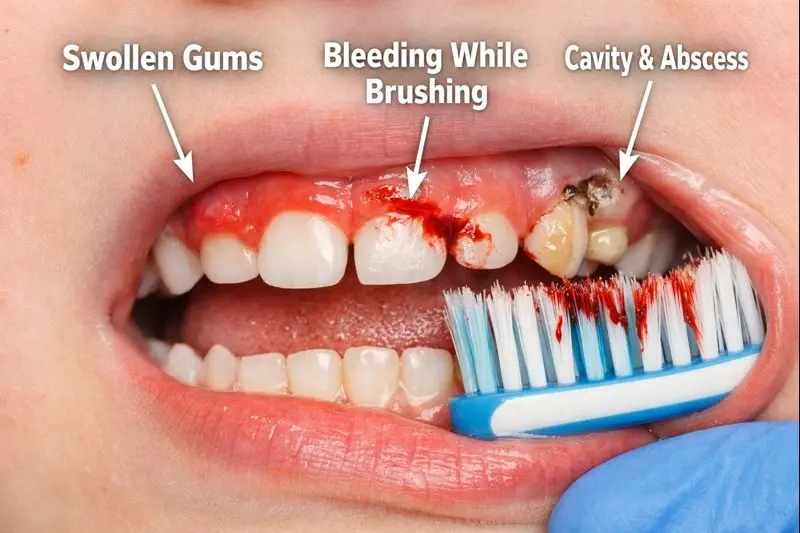 Close-up of a child’s gums showing signs of pediatric gum inflammation and redness.