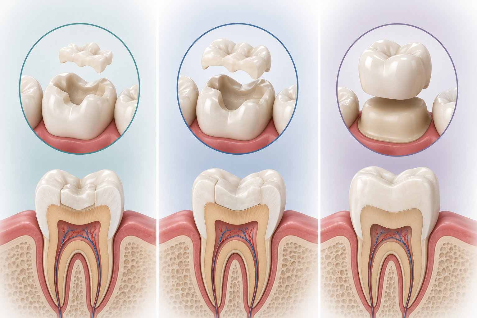 Illustration comparing dental inlay, onlay, and crown restorations with detailed tooth cross-sections.