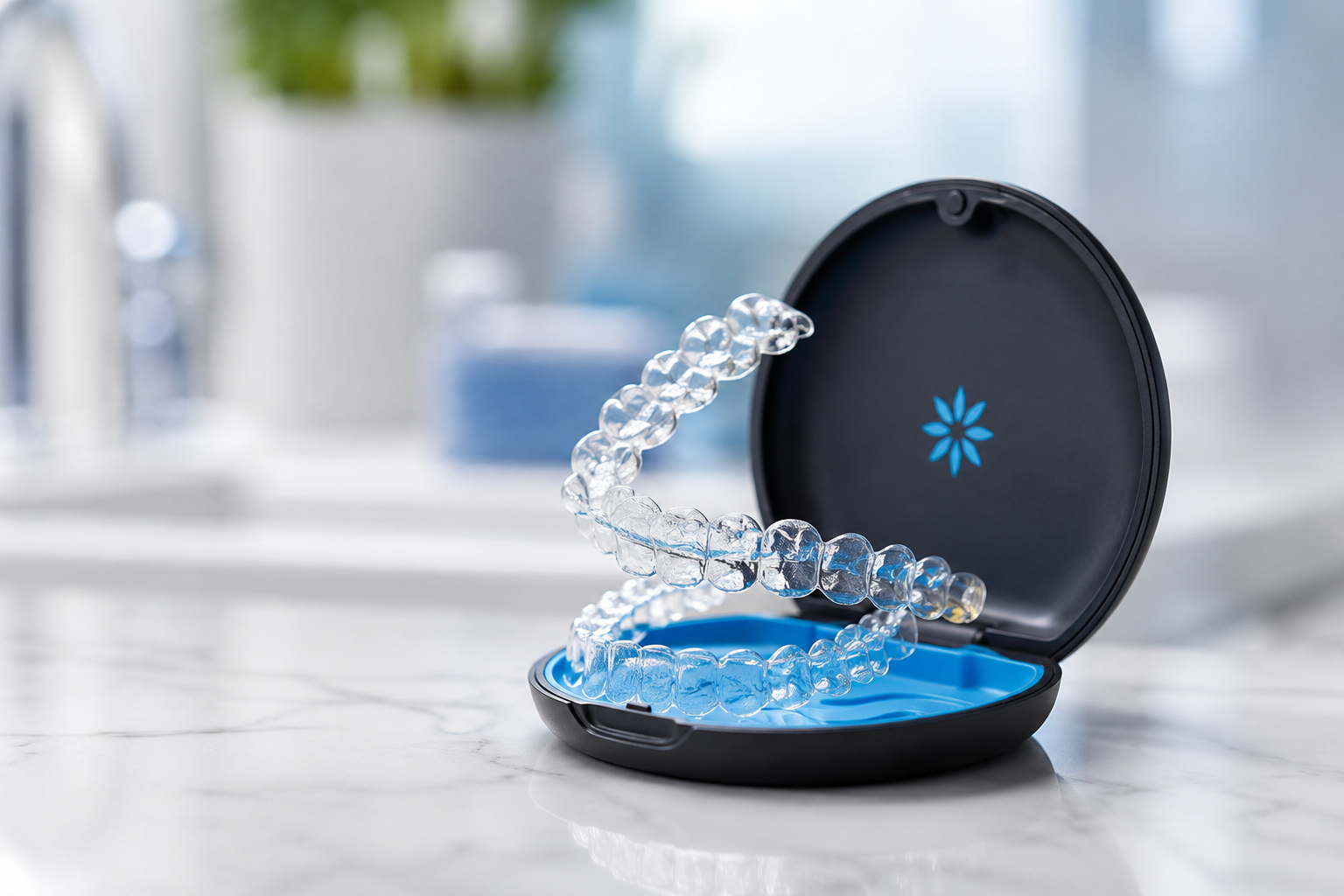 Clear Invisalign aligners in a protective case on a clean countertop for discreet teeth straightening treatment.