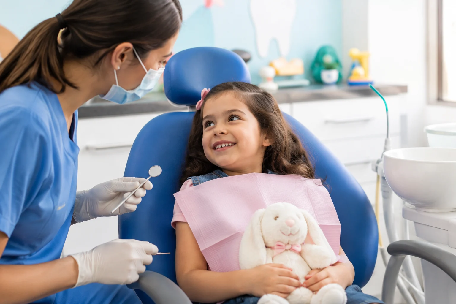Child's first dental visit with a friendly pediatric dentist in a welcoming clinic.