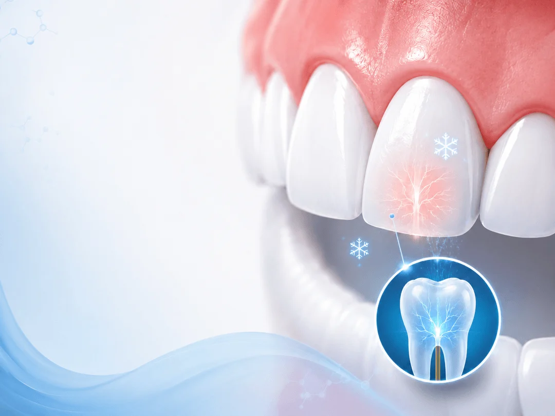 Close-up illustration of whitened teeth showing nerve sensitivity and cold discomfort after a whitening treatment.