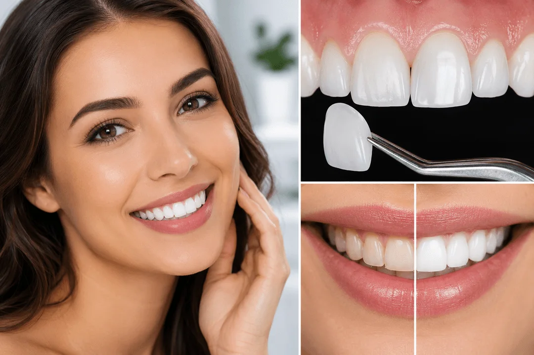 Cosmetic dentistry porcelain veneers procedure featuring a confident smile, custom dental veneers, and dramatic smile enhancement results.