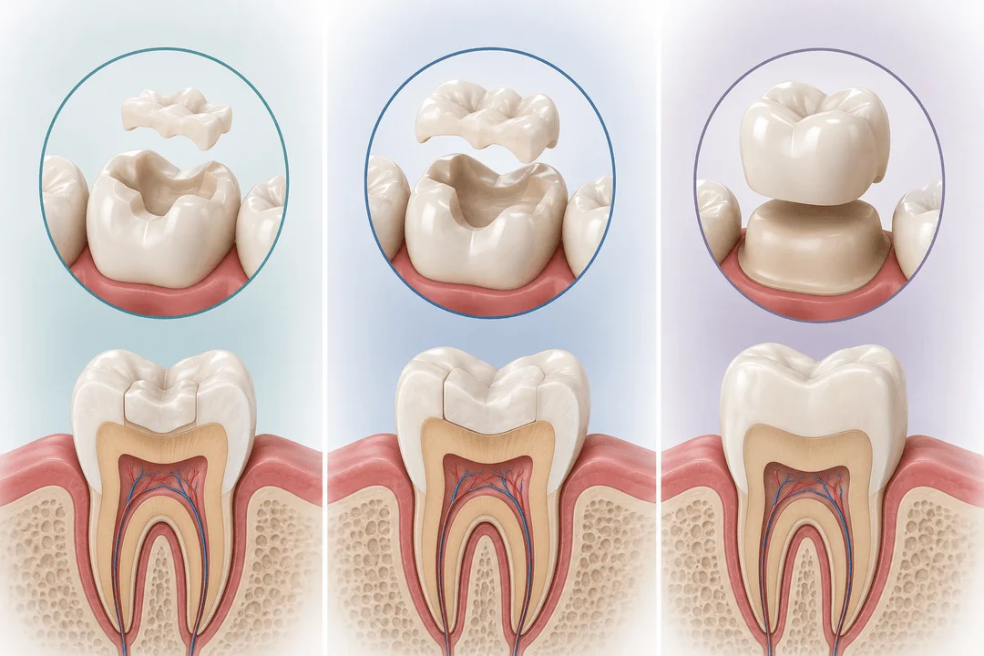 Illustration comparing dental inlay, onlay, and crown restorations with detailed tooth cross-sections.
