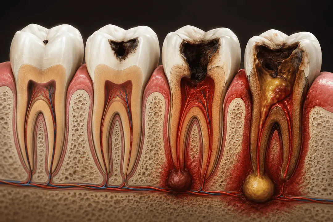 Highly detailed 3D medical illustration showing the progression of an untreated cavity, from a healthy tooth to advanced tooth decay, infected dental pulp, gum inflammation, and tooth abscess. Realistic cross-sectional view highlighting the consequences of