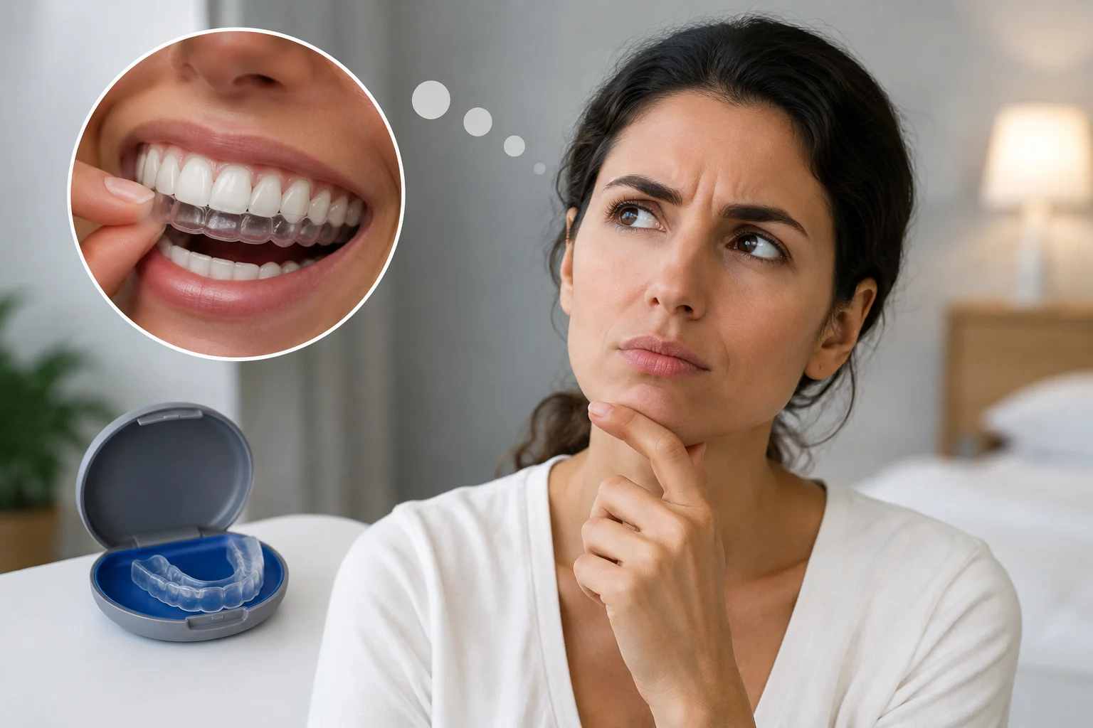 Woman considering whether she needs a night guard with a clear dental mouth guard and close-up of teeth wearing a night guard.