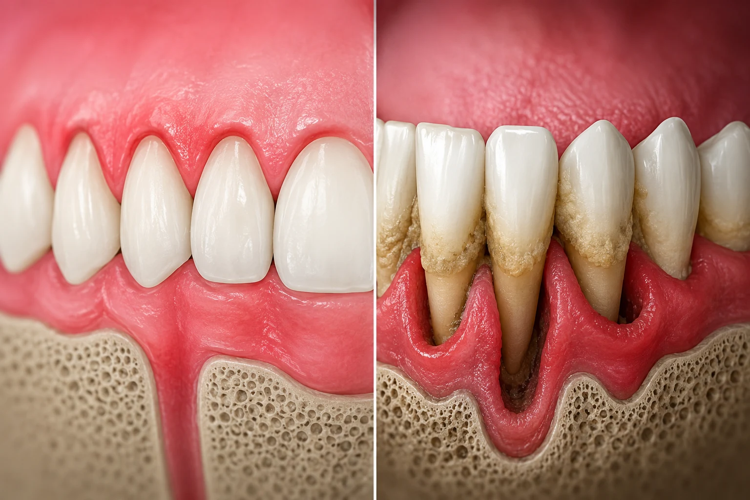 Professional 3D dental illustration comparing gingivitis vs. periodontitis, showing healthy inflamed gums on one side and advanced gum disease with receding gums, plaque buildup, and bone loss on the other.