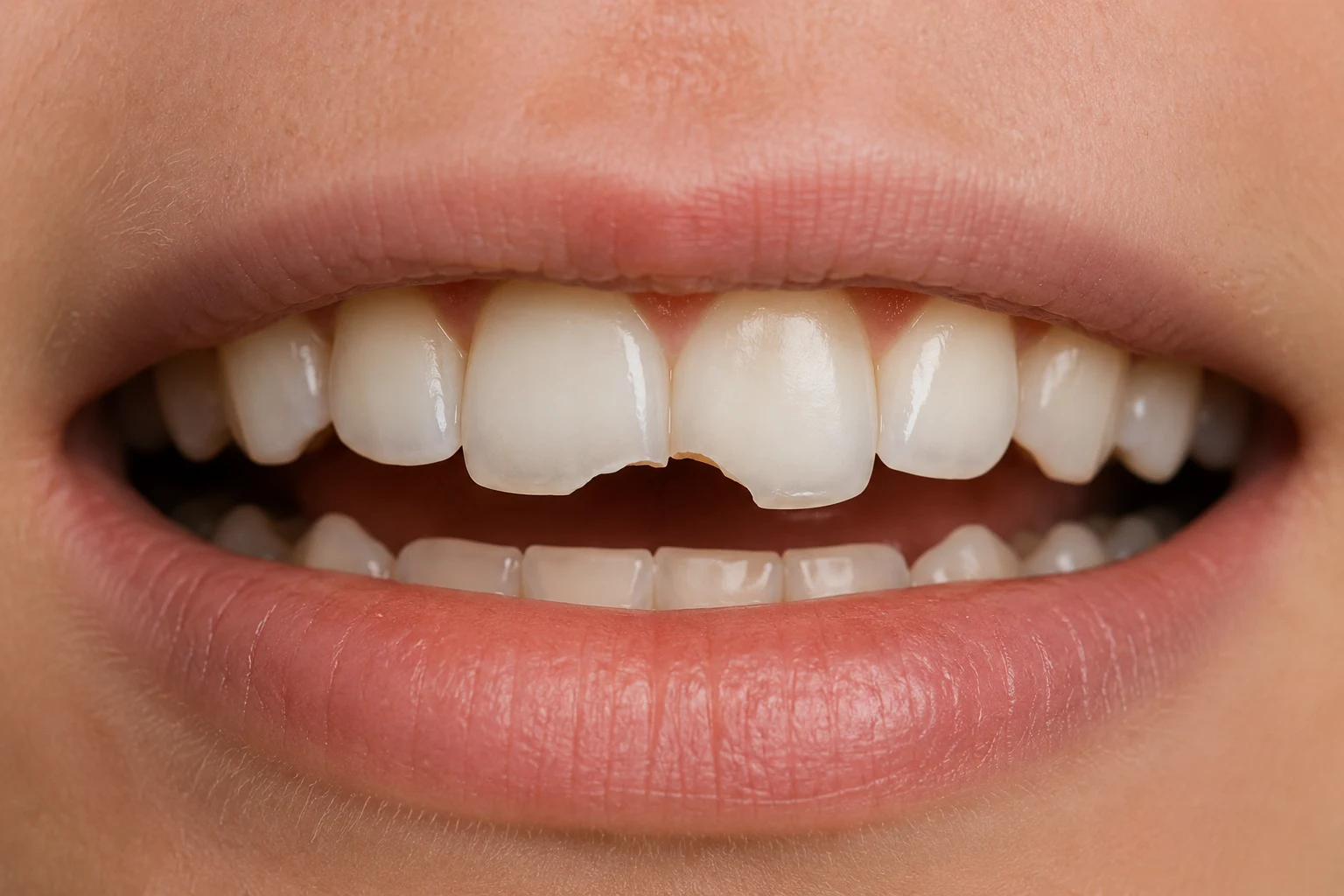Close-up macro photo of a person's mouth showing a chipped upper front tooth with a broken edge, surrounded by healthy white teeth and natural pink lips under soft, clinical lighting.