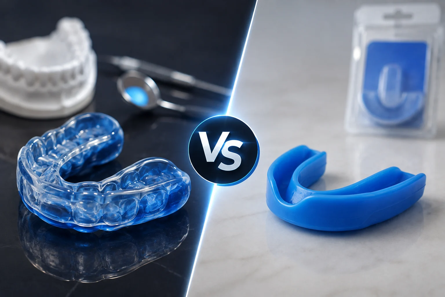 Custom vs. store-bought mouthguards comparison with a blue custom-fitted mouthguard and a generic store-bought mouthguard.