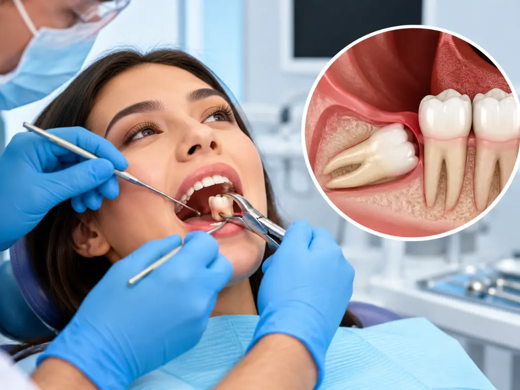 Panoramic dental X-ray with an impacted lower wisdom tooth, the second molar and the nerve canal labelled