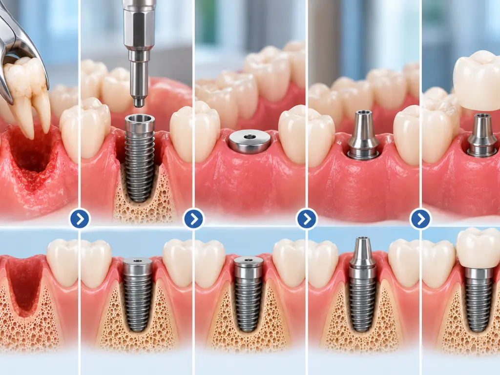 Labelled diagram of dental implant stages: extraction socket, implant with healing abutment, integrated implant, final crown