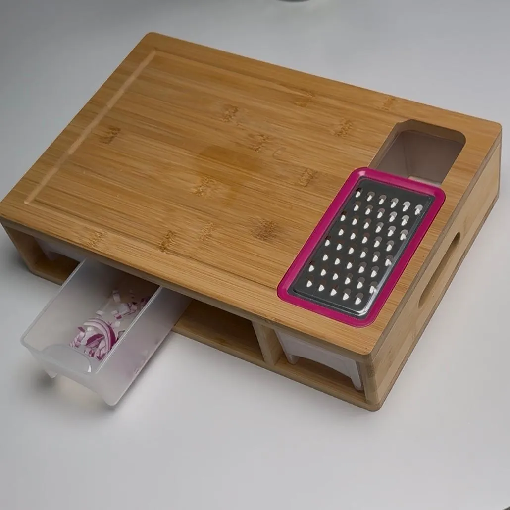 Wooden Cutting Board with Built In Containers and Grater