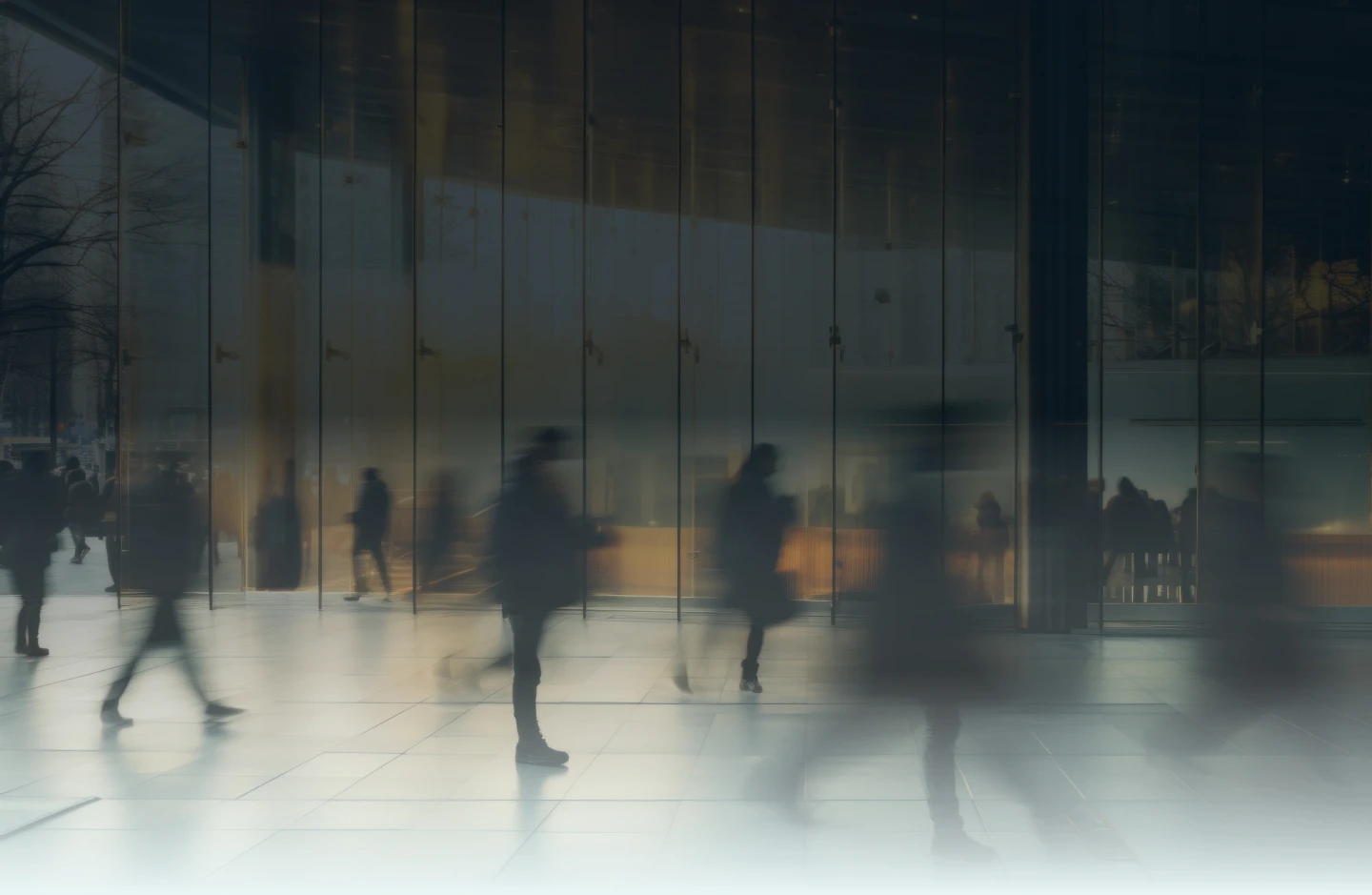 Blurred silhouettes of people walking inside a modern building with glass walls.