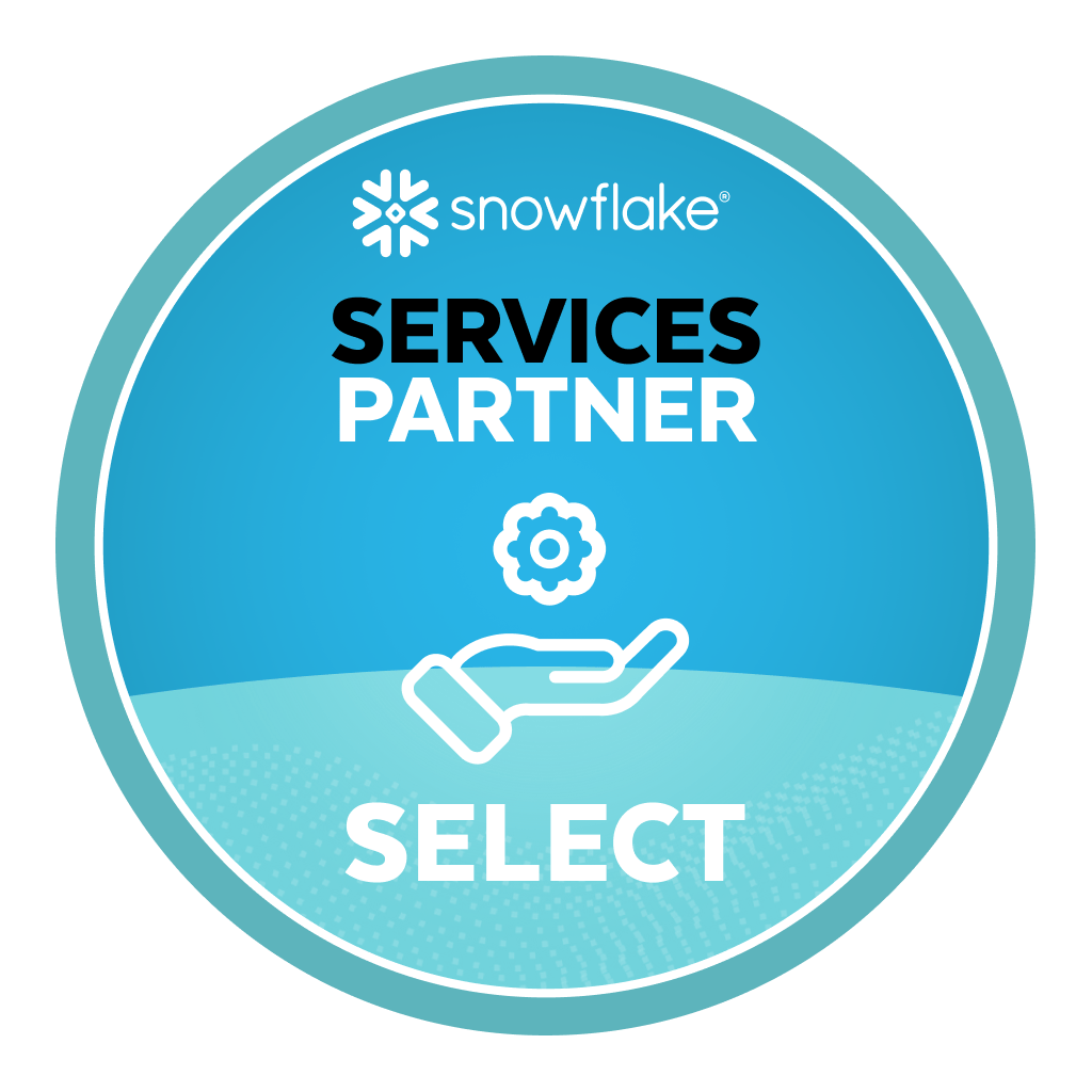 Blue circular badge with Snowflake logo and text reading Services Partner Select, featuring an icon of a hand holding a gear.