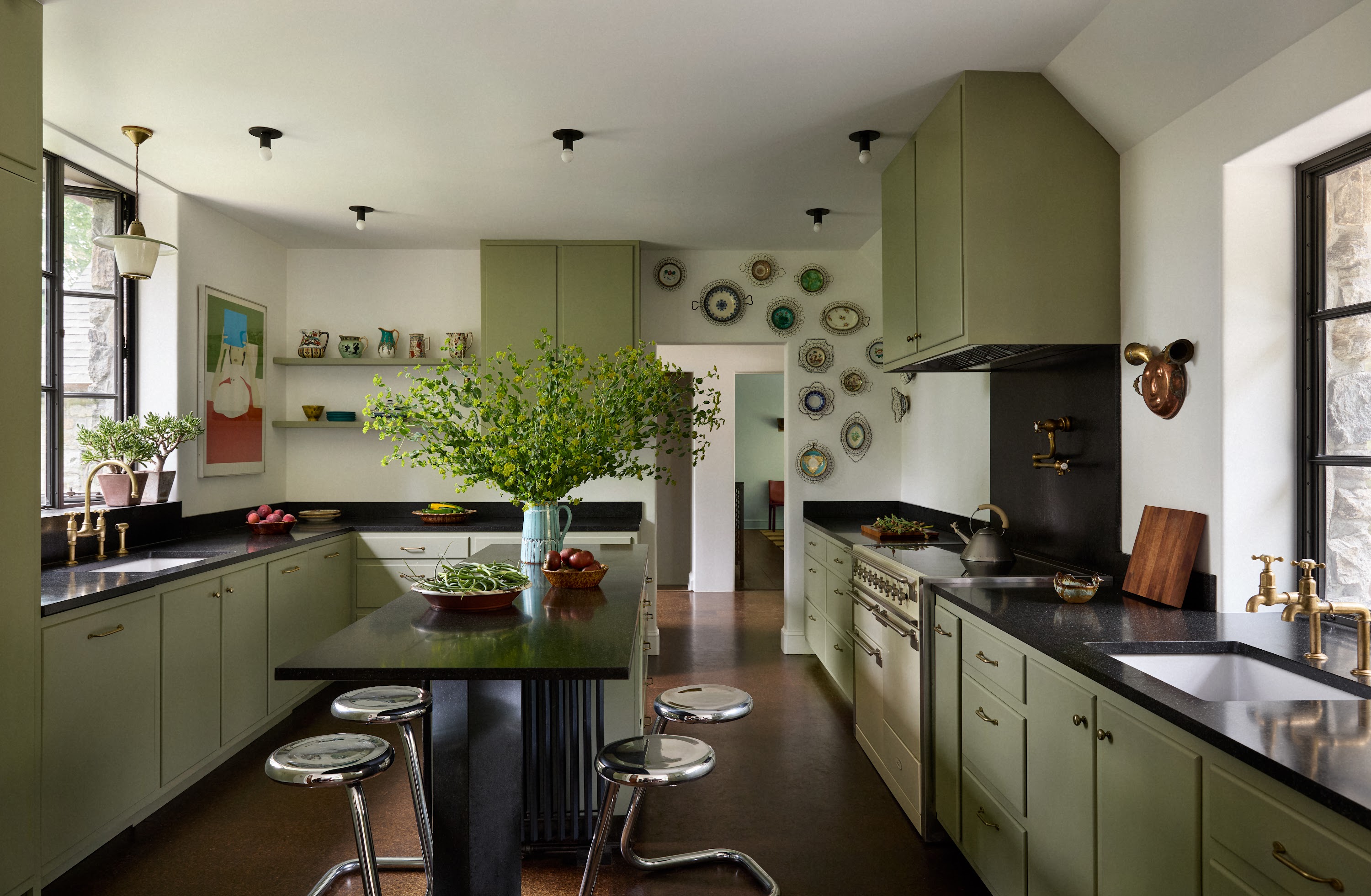 Upstate New York kitchen with an island and gridded windows