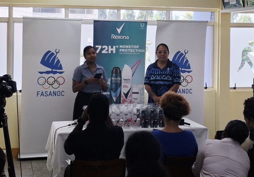 Motibhai Group and Team Fiji representatives at the Rexona hygiene pack handover at FASANOC for Dakar 2026