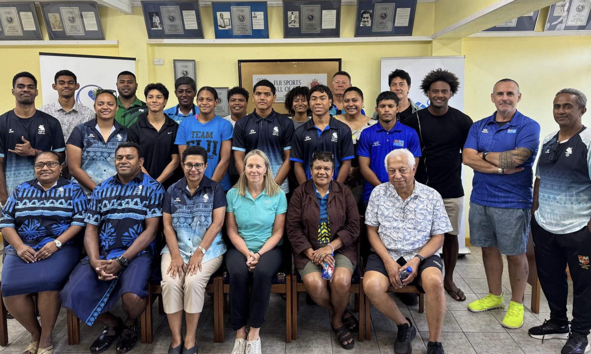 IOC Head of Sport Development Unit Sheila Stephens Desbans with Fiji athletes, Olympians, scholarship holders, coaches and officials at Fiji Olympic House
