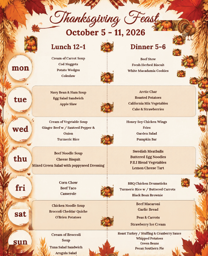Weekly Menu October 5th, 2026 to October 11th, 2026 (Thanksgiving Menu)