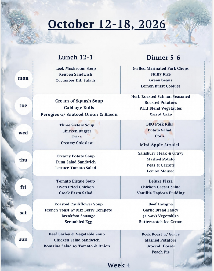 Weekly Menu October 12th to October 18th, 2026