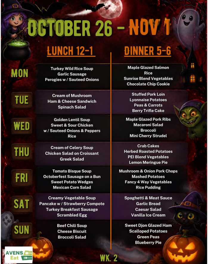 Weekly Menu October 26, 2026 to October 1st, 2026