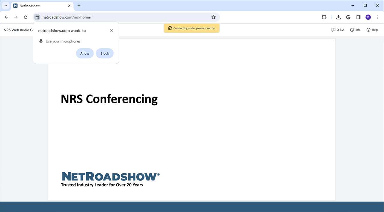 Screenshot showing a Google Chrome browser window and microphone permission dialog box.