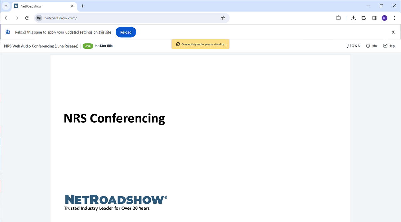 Screenshot showing a Google Chrome browser window and the Reload button after changing settings.