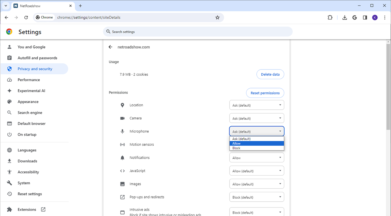 Screenshot showing a Google Chrome Settings screen and the microphone permission settings.