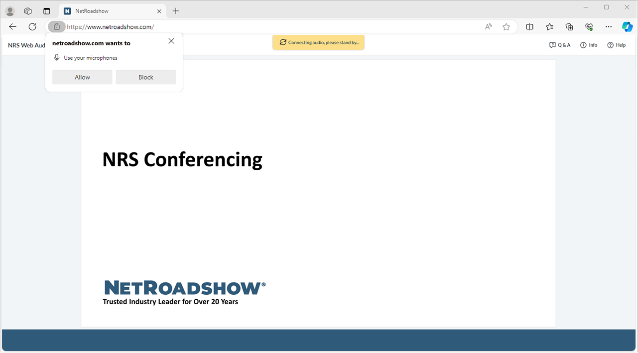 Screenshot showing a Microsoft Edge browser window and microphone permission dialog box.