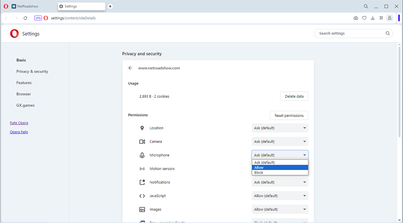 A screenshot of an Opera browser Settings screen with microphone permissions being updated.
