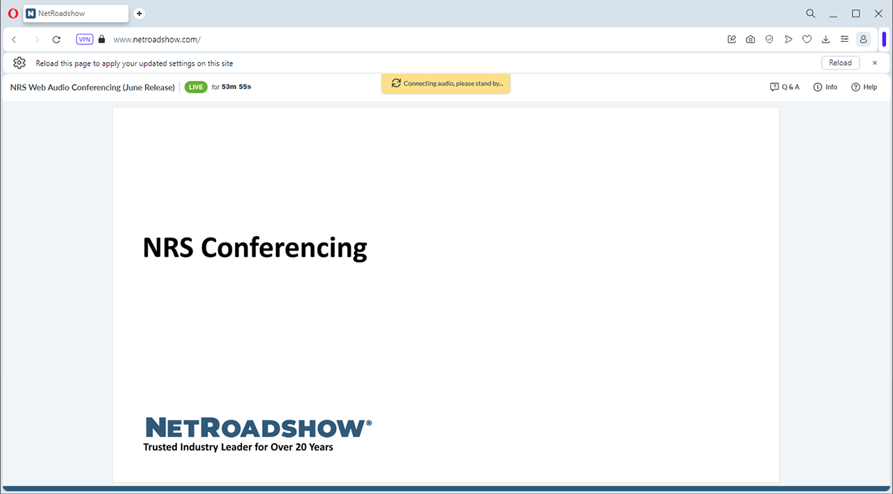 A screenshot of an Opera browser window with page reload button after settings were updated.