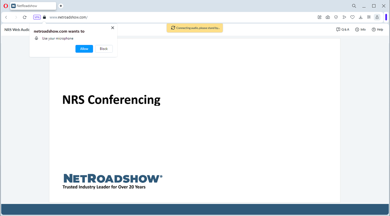 A screenshot of an Opera browser window with microphone permissions dialog box.