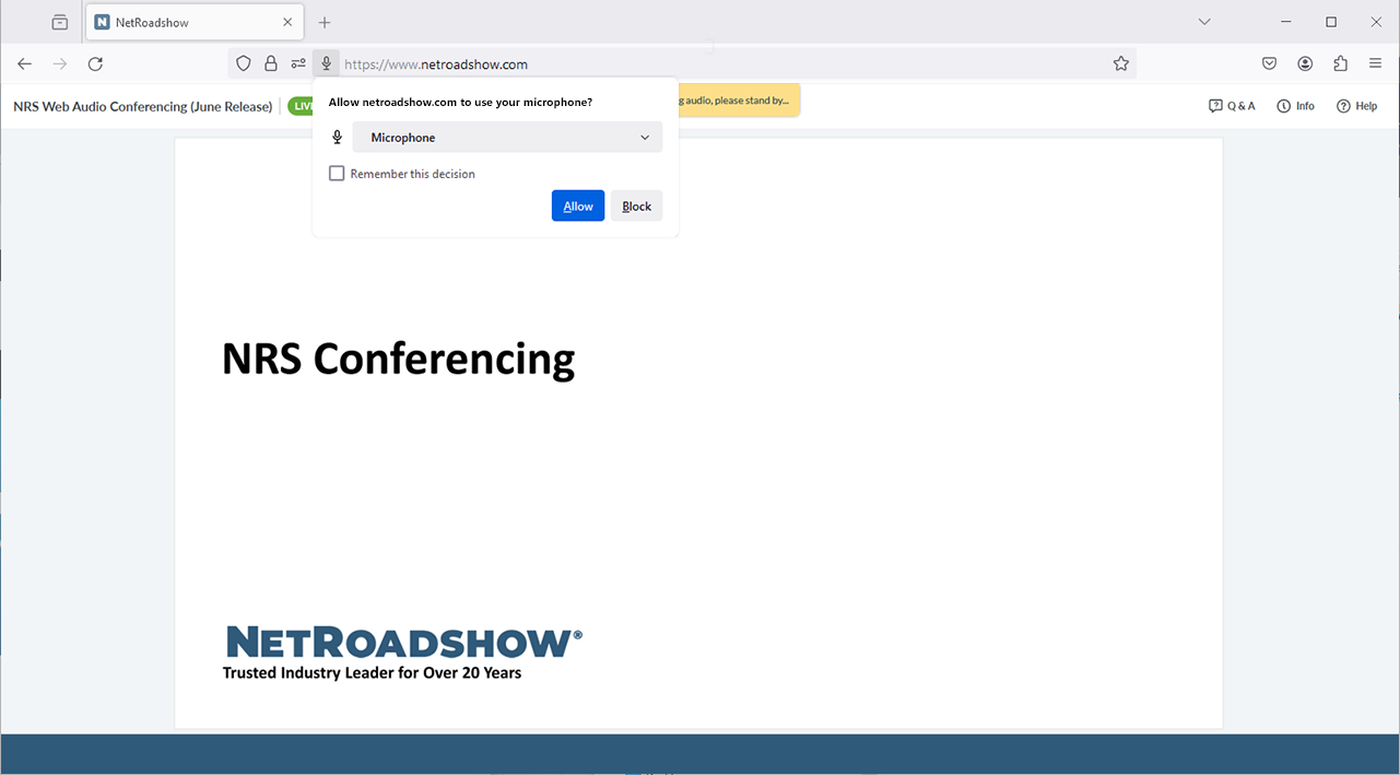 Screenshot showing a Mozilla Firefox browser window and microphone permission dialog box.