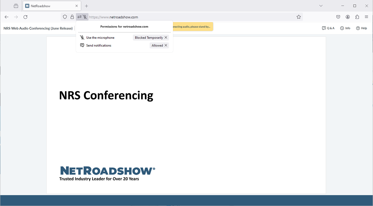 A screenshot of a Mozilla Firefox browser window with Permissions dialog box showing blocked microphone permissions.