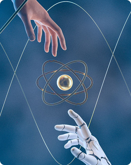 Robot hand reaching towards a human hand, symbolizing interaction between technology and humans.