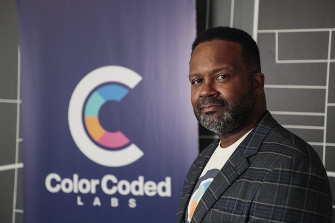 Doug McCollough, co-founder and CEO of Color Coded Labs, poses for a portrait on Friday, Aug. 13, 2021 in Columbus, Ohio. Color Coded Labs was created to help people of color get into high-paying technology jobs, is welcoming its inaugural 2021 class of software developers. These bootcamp students will pay $13,500 each to spend 16 weeks learning in-demand skills with the support of mentors from well-known global tech companies in the US such as Amazon, Google, JPMorgan Chase, Huntington and Root, who will hire graduates of the program.