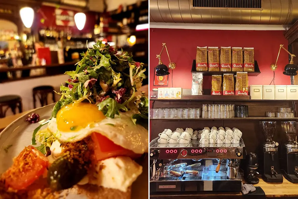 Blick ins Café Zweibar in Essen- Rüttenscheid mit LaMarzocco Linea pb. und fluffigem Eier-Bio-Frühstück auf Salatbeet.