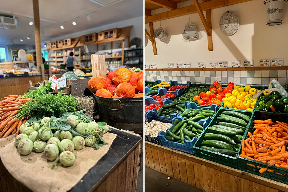 Blick in einen Hofmarkt mit heimischen Obst- und Gemüsesorten im Kasten, Hofmarkt Feldmanns Grüner Markt, Essen, Ruhrgebiet