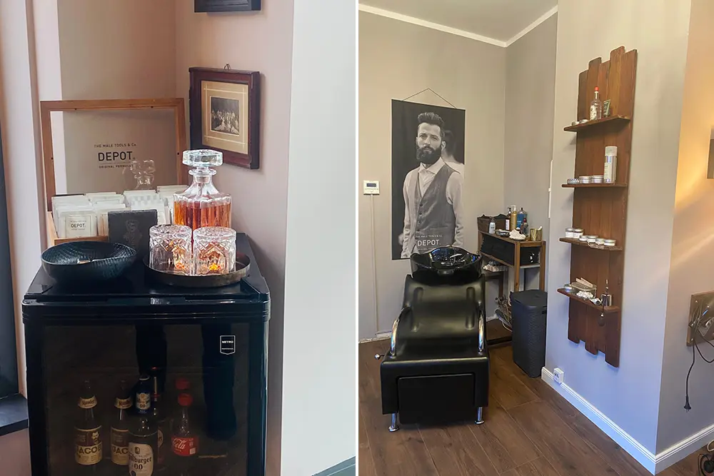 Blick in Friseursalon. Retro-Stücke mit moderner Einrichtung im gemütlichen Ambiente. Edle Karaffe neben Kristallgläsern auf Tablett auf Minibar mit gekühlten Getränken. Grindel Herrensalon
