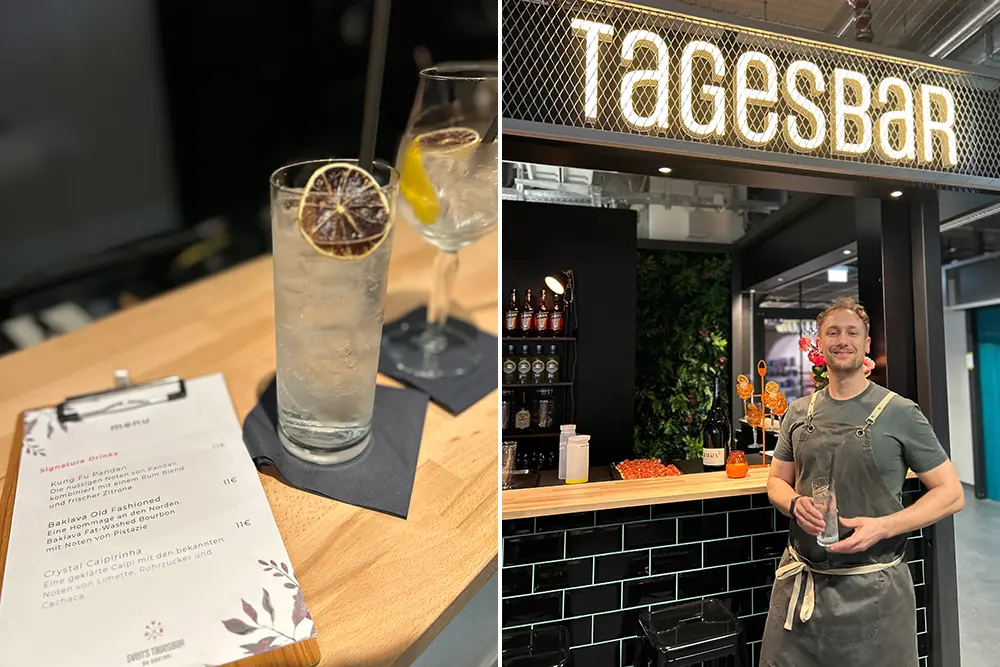 Blick in Bar mit Getränkekarte neben Cocktails auf Tresen mit jungen Barmann mit Schürze und Cocktailglas in der Hand, Tagesbar im Königshof, Essen 