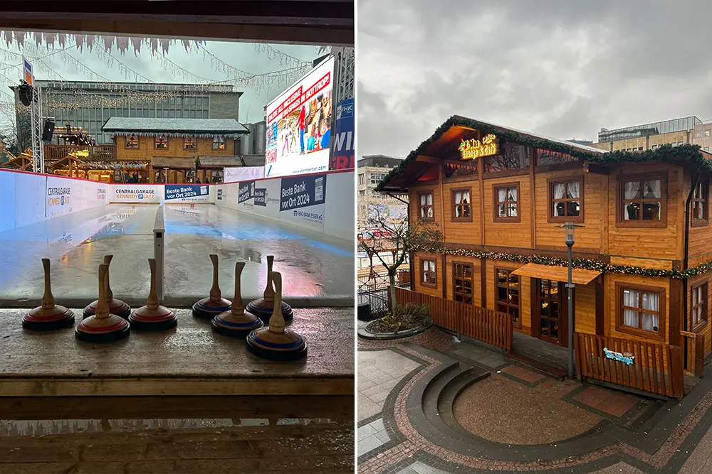 Blick auf Bahn für Eisstockschiessen auf dem Kennedyplatz, Essener Wintertraum