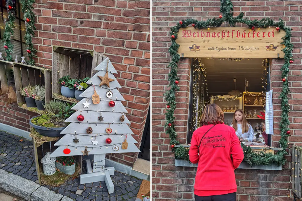 Frau vor Fensterverkauf im weihnachtlich geschmückten Backsteinhaus im Ortsteil von Hünxe im Kreis Wesel, Ruhrgebiet
