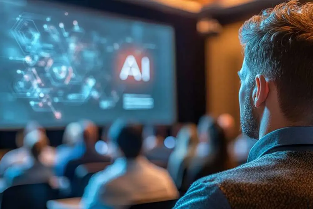 Filmschaffende arbeiten mit Künstlicher Intelligenz im Workshop des Snowdance Film Festivals in der Galerie Spitzbart & Bracke